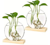 TEMU 2pcs Terrarios Redondos de Vidrio Contemporáneos con Soporte de Madera - Perfectos para la Propagación y Plantas Hidropónicas, Ideal para Decoración y Oficina