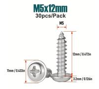 TEMU 30 piezas de tornillos autorroscantes M5 (5 mm) A2 de acero inoxidable con arandelas, grado 304, cubrimiento de completa, cabeza redonda para madera - Marca Junter