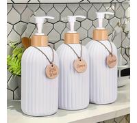 TEMU 3pcs Botellas Dispensadoras de Baño a Rayas Blancas de 500ml con Pequeñas Etiquetas de Madera para Champú, Gel de Ducha, Acondicionador y Loción
