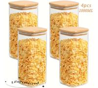 TEMU 4 frascos de vidrio elegantes con tapas de bambú, capacidad de 1000 ml/33.8 oz - Herméticos y apilables, ideales para avena, pasta, , granos, hojas de té, granos de café, snacks y