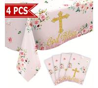 TEMU 4 piezas de Mantel Desechable Elegante con Flores Rosas y Cruz para Celebraciones Religiosas - Cubierta de Mesa de Plástico de Calidad, Ideal para Bautizos, Primeras Comuniones, Confirmaciones,