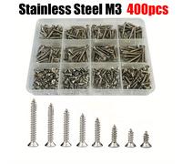 TEMU 400 tornillos autorroscantes M3 de acero inoxidable, 8 tamaños, kit de tornillos de bloqueo para madera, adecuado para la fijación de madera y metal