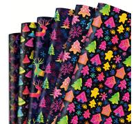 TEMU 6 piezas de papel de regalo navideño neón de 20 x 28 pulgadas con de reno , árbol de Navidad, copo de nieve y hombre de jengibre, con 6 diseños, plegado para de navideña