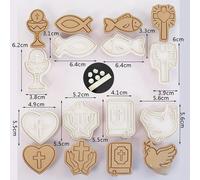 TEMU 8 piezas Cortador de galletas de comunión cristiana | Molde de sellos de galletas prensables de plástico 3D de dibujos animados de cruz, pez de amor, cálice para decoración de pasteles