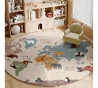 TEMU Alfombra de Área Circular con Ilustraciones de Animales del Mundo - Alfombra de Poliéster Lavable en Máquina de 10mm de Grosor para Sala y Dormitorio, Antideslizante y , Alfombra Grande