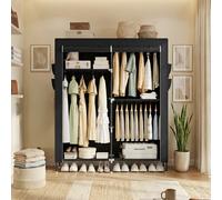 TEMU Armario de tela, armario móvil, con tres secciones para colgar ropa, con barra de colgar, estantes y bolsillos , gran capacidad, para dormitorio, 45 x 127 x 180 cm, negro