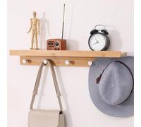TEMU BAKAJI Percha de madera de bambú para en la pared con 5 ganchos y estante para colgar ropa y almacenamiento, tamaño 61 x 12 x 9,5 cm, color bambú natural