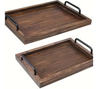 TEMU Bandeja de madera estilo con asa - Juego de tablas de comida decorativas anidadas de 2 piezas, para desayuno, /Butler (Grande 15.8 X 11.8 pulgadas, Pequeña 13.4 X 9.4 X 1.2 pulgadas)