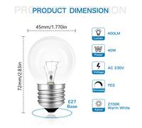 TEMU Bombilla para horno E27 de 45, 230 V, regulable, resistente al de 300 grados, 2700 K, bombilla para horno E27 G45 para lámpara de lava, microondas, paquete de 2