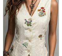 TEMU Chaleco de lino bordado aleatorio único para , verano y otoño, cinturón, de cintura, chaleco elegante, ropa de abrigo versátil para ir al trabajo, chaqueta sin