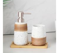 TEMU Conjunto de artículos de tocador cerámicos para baño de 3 piezas incluyendo taza para enjuague bucal + botella de loción + bandeja de madera, conjunto de decoración y accesorios para el hogar