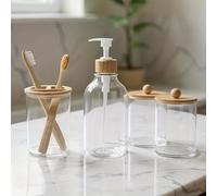 TEMU Conjuntos Boho para Baño, Juego Completo de Accesorios para Baño de 4 piezas, Dispensador de Jabón de Baño Transparente y Juego de Soporte para Cepillos de Dientes, Tarro para Hisopos