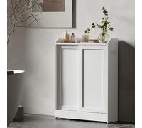 TEMU de almacenamiento delgada para baño con soporte para papel higiénico y compartimento para cepillos, con puertas correderas y estantes ajustables, ubicada junto al inodoro