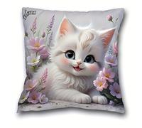TEMU de almohada de poliéster de 44.96 cm con estampado floral y de gato adorable, 1 pieza, de cojín con cremallera, lavable a máquina para decoración de sofá, , oficina, sin relleno