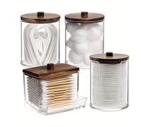 TEMU Dispensador de hisopos de algodón de 10/7 oz, paquete de 4 frascos de boticario, contenedores de baño para hilo dental, bolas de algodón, hisopos de algodón, almohadillas redondas de algodón