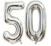 TEMU Dos globos gigantes de lámina plateada con números de 32 pulgadas, adecuados para decoraciones de de 50 y artículos de decoración de aniversario
