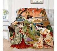 TEMU Edredón de Franela con Estampado de Paisaje Floral Geisha Japonés - Manta de Poliéster para Todas , Decoración y Detallada para Sofá, Cama y Viajes, Accesorio de Sofá
