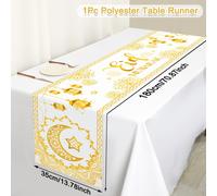 TEMU Elegante de Mesa Eid de Poliéster, 180 X 35Cm, Diseño de Mesa con de Linterna de Estrella y Luna Blanca y Dorada, para Fiestas de Ramadán Kareem y Eid Al