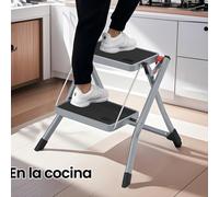 TEMU Escalera con goma antideslizante y asa, escalera plegable de 2 escalones, ancho de 20 cm, carga 150 kg, acero, y negro