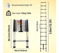 TEMU Escaleras de acero inoxidable duraderas, escalera telescópica extensible que mide 12.5 pies o 3.8 metros, escalera multifuncional para y cobertizo, diseño plegable portátil con 13 peldaños