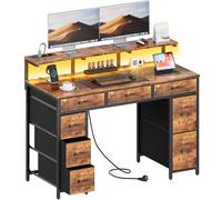 TEMU Escritorio para Gaming con 8 Cajones de Tela, Soporte para Monitor con Luz LED, Regleta Europea (2 AC/2 USB), de Madera, Patas Ajustables para Oficina en Casa/Sala de Juegos