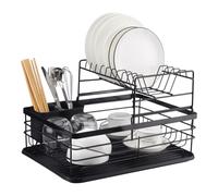 TEMU Escurreplatos Grande con Bandeja - Escurridor de Platos de Cocina con cesto para Cubiertos - Cesta para secar Tazas Vasos ollas Copas - 43 x 32 x 27 cm - Negro