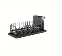 TEMU Escurridor de platos compacto con soporte para cubiertos, tapete de silicona, diseñado para encimeras de cocina y sobre fregaderos, en color negro