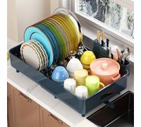 TEMU Escurridor de platos retráctil moderno para cocina con construcción de acero inoxidable y plástico, organizador de almacenamiento de drenaje para platos, palillos y utensilios.