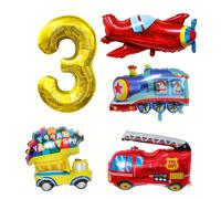 TEMU Globos de Transporte 5 Piezas, Camión de Helados, Avión, Camión de Bomberos, Tren, Globos de Foil, Vehículos Dorados 0-9, Decoraciones para Fiestas de Infantiles