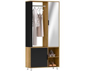 TEMU HOMCOM Armario Dormitorio con Puerta con Espejo, Armario con Barra para Colgar, 2 Compartimentos Abiertos, Estilo Moderno, 80x30x170 cm, Natural y Negro