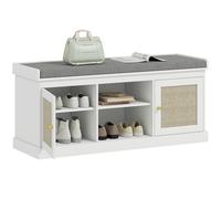 TEMU HOMCOM Zapatero Mueble Zapatero Recibidor Bohemio con Asiento Acolchado Puertas de Ratán Estante Abierto Estante Ajustable para 9 de Zapatos para Entrada 105x35x47 cm