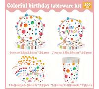 TEMU Juego de 100 Piezas, Vajilla Desechable de con Temática de con Coloridos, Platos de Papel, Servilletas y Vasos, Suministros para Decoración de Fiestas