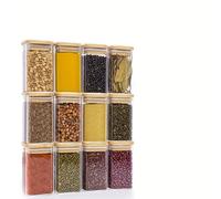 TEMU Juego de 12 Recipientes Cuadrados de Vidrio con Tapas de Madera, Frascos Herméticos Antihumedad para Especias, Dulces, Sal, Pimienta, Hierbas y Granos, Ideales para la Cocina