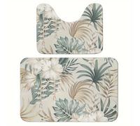 TEMU Juego de 2 Alfombras de Baño y Hoja Tropical - Antideslizantes, Absorbentes, de Microfibra con Tapete de Inodoro de U para Ducha, Bañera - Lavables a Máquina, Poliéster, 15.7x23.6" & 13.4x17.3