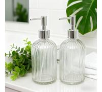 TEMU Juego de 2 dispensadores de jabón de vidrio con cabezal de bomba ABS plateado, diseñados para rellenar jabón de manos, con un de rayas verticales, ideal para usar en cocinas y baños