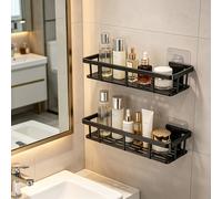 TEMU Juego de 2 estantes de almacenamiento para baño, montaje en pared sin taladrar, cesta de ducha negra, tratada con antioxidante, resistente, duradera y a prueba de