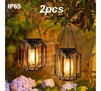 TEMU Juego de 2 farolillos colgantes solares de metal para exterior con ganchos y sensor de , IP65, decoraciones de farolillos cálidos, candelabros de exterior para patio, porche y decoración de
