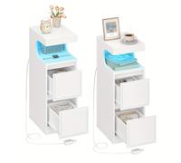 TEMU Juego de 2 Mesas Auxiliares con Luz LED | Mesa Lateral con 2 Cajones, Compartimento Abierto de U, Iluminación Ajustable, Ideal para Dormitorio, , 30 x 24 cm,