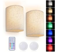 TEMU Juego de 2 piezas de lámparas de pared LED RGBW con control remoto, a pilas, de interior con pantalla de tela, 12 colores RGB y , luz de pared regulable y cambiable para sala, dormitorio, pasillo