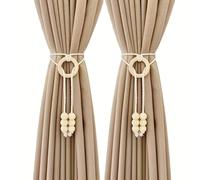 TEMU Juego de 2 sujetadores de cortina con anillos de madera, cuentas y borlas, sujetadores de cortina sencillos de estilo nórdico con borlas decorativas
