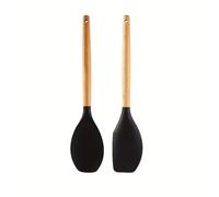 TEMU Juego de 2 utensilios de cocina de silicona con de madera - Espátula de cocina antiadherente resistente al - Cuchara para sopa, cuchara para remover - Herramientas de cocina duraderas