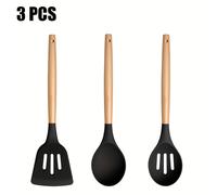 TEMU Juego de 3 utensilios de cocina de silicona antiadherente con de madera - una espátula perforada, una cuchara coladora y un cucharón para sopa - Resistente al 450°F y para lavavajillas