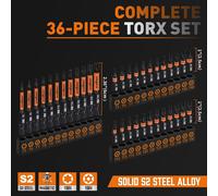 TEMU Juego de 36 piezas de puntas Torx de impacto HORUSDY, acero S2, puntas estrella antifraude T5-T40, cabeza moleteada, de 1" y 2.3", con estuche de almacenamiento para destornillador de impacto