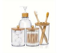 TEMU Juego de 4 Accesorios para Baño, Dispensador de Jabón, Portacepillos, 2 Tarros para Hisopos, Decoración Rústica Boho, Set Marrón