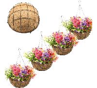 TEMU Juego de 4 cestas colgantes de metal para exterior, colgante redonda, forrada con de coco. cestas colgantes son adecuadas para jardines y patios. Tamaño: 20 cm.