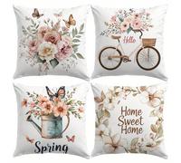 TEMU Juego de 4 fundas de cojín de de 18x18 pulgadas de poliéster con flores "Hola ", mariposas, flores en flor, regadera, bicicleta, rosa, para sofá, decoraciones de estilo para y verano