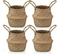 TEMU Juego de 4 macetas de cesta tejida bohemia para uso interior/exterior - Macetas redondas decorativas con base resistente, material tejido, ideales para , (5.5 x 6.3 in)