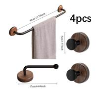 TEMU Juego de 4 piezas de herrajes para baño - Base de madera con ganchos de acero al carbono y plástico-madera, montaje adhesivo (no requiere taladro) para toallas, batas y papel higiénico
