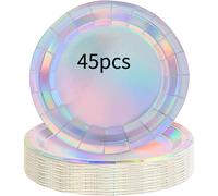 TEMU Juego de 45 platos de papel brillantes con un holográfico plateado, perfectos para fiestas, , y picnics. platos redondos desechables son ideales para servir almuerzo y postres.