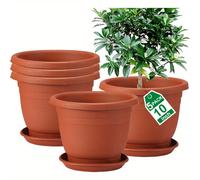 TEMU Juego de 5 Macetas Redondas Grandes de Resina de 10 Pulgadas con Platillos - Maceteros Rústicos Marrones para Interior/Exterior, Macetas de Plástico con Agujeros de Drenaje, Macetero Grande